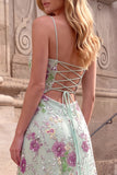 Light Green Floral Sequin Spaghetti Straps A Line Prom Dress