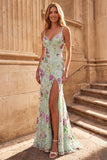Floral Sequin Light Green Mermaid Prom Dress with Slit