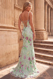 Floral Sequin Light Green Mermaid Prom Dress with Slit