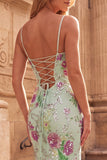 Floral Sequin Light Green Mermaid Prom Dress with Slit