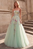Strapless Light Green Floral Sequin A Line Prom Dress with Lace-up Back