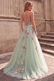 Strapless Light Green Floral Sequin A Line Prom Dress with Lace-up Back