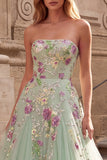 Strapless Light Green Floral Sequin A Line Prom Dress with Lace-up Back