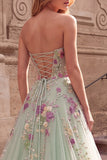 Strapless Light Green Floral Sequin A Line Prom Dress with Lace-up Back