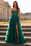 Strapless A Line Sequin Corset Tiered Dark Green Prom Dress with Slit