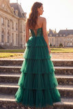 Strapless A Line Sequin Corset Tiered Dark Green Prom Dress with Slit