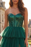 Strapless A Line Sequin Corset Tiered Dark Green Prom Dress with Slit