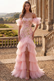Off the Shoulder Pink Floral Sequin Tiered Mermaid Prom Dress with Slit
