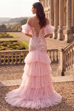 Off the Shoulder Pink Floral Sequin Tiered Mermaid Prom Dress with Slit