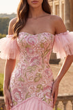 Off the Shoulder Pink Floral Sequin Tiered Mermaid Prom Dress with Slit