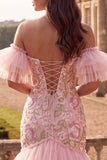 Off the Shoulder Pink Floral Sequin Tiered Mermaid Prom Dress with Slit