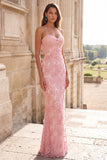 Beaded Pink Strapless Mermaid Prom Dress with Lace-up Back