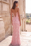 Beaded Pink Strapless Mermaid Prom Dress with Lace-up Back