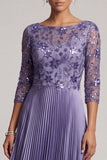 Purple Pleated Sequin Bateau Neck A Line Mother of the Bride Dress