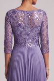 Purple Pleated Sequin Bateau Neck A Line Mother of the Bride Dress