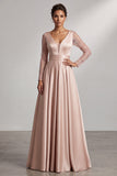 Blush Satin V-Neck A Line Mother of the Bride Dress with Long Sleeves