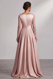 Blush Satin V-Neck A Line Mother of the Bride Dress with Long Sleeves