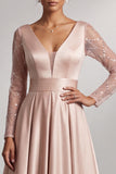 Blush Satin V-Neck A Line Mother of the Bride Dress with Long Sleeves