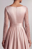 Blush Satin V-Neck A Line Mother of the Bride Dress with Long Sleeves
