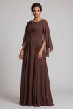 Coffee Chiffon Cowl Neck A Line Mother of the Bride Dress with Cape Sleeves