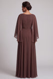 Coffee Chiffon Cowl Neck A Line Mother of the Bride Dress with Cape Sleeves