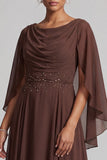 Coffee Chiffon Cowl Neck A Line Mother of the Bride Dress with Cape Sleeves
