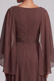 Coffee Chiffon Cowl Neck A Line Mother of the Bride Dress with Cape Sleeves