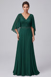 Dark Green A Line V-Neck Beaded Applique Chiffon Mother of the Bride Dress with Cape Sleeves