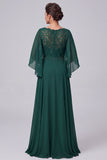 Dark Green A Line V-Neck Beaded Applique Chiffon Mother of the Bride Dress with Cape Sleeves