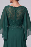 Dark Green A Line V-Neck Beaded Applique Chiffon Mother of the Bride Dress with Cape Sleeves
