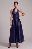 Halter Dark Blue Satin A Line Midi Dress