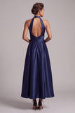 Halter Dark Blue Satin A Line Midi Dress