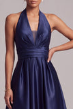 Halter Dark Blue Satin A Line Midi Dress