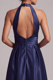 Halter Dark Blue Satin A Line Midi Dress