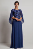 Navy A Line Bateau Neck Mother of the Bride Dress with Cape Sleeves