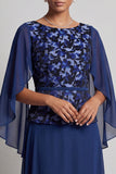 Navy A Line Bateau Neck Mother of the Bride Dress with Cape Sleeves