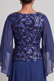 Navy A Line Bateau Neck Mother of the Bride Dress with Cape Sleeves