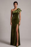 One Shoulder Olive Sheath Velvet Formal Dress with Slit