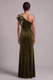 One Shoulder Olive Sheath Velvet Formal Dress with Slit