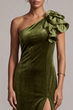 One Shoulder Olive Sheath Velvet Formal Dress with Slit