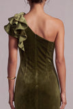 One Shoulder Olive Sheath Velvet Formal Dress with Slit