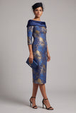 Off the Shoulder Royal Blue Jacquard Sheath Midi Mother of the Bride Dress