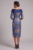 Off the Shoulder Royal Blue Jacquard Sheath Midi Mother of the Bride Dress