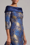 Off the Shoulder Royal Blue Jacquard Sheath Midi Mother of the Bride Dress