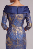 Off the Shoulder Royal Blue Jacquard Sheath Midi Mother of the Bride Dress