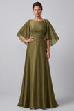 Olive Beaded Bateau Neck A Line Mother of the Bride Dress with Cape Sleeves