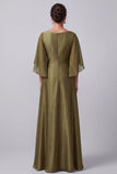 Olive Beaded Bateau Neck A Line Mother of the Bride Dress with Cape Sleeves