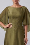 Olive Beaded Bateau Neck A Line Mother of the Bride Dress with Cape Sleeves