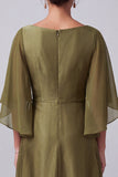 Olive Beaded Bateau Neck A Line Mother of the Bride Dress with Cape Sleeves