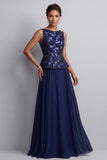 Navy A Line Floral Bateau Neck Long Mother of the Bride Dress
